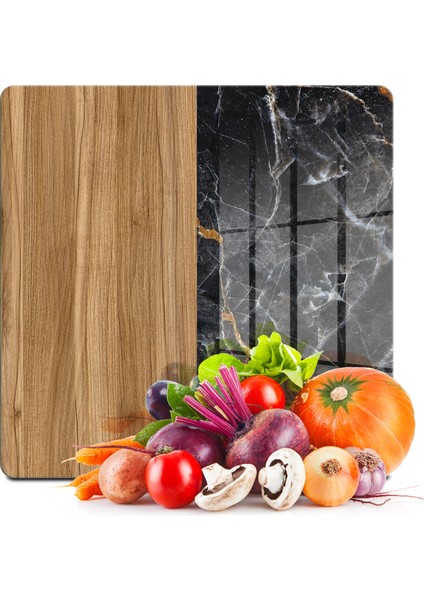 Cam Kesme Tahtası ve Sunumluk Kare Ahşap Mermer Desenli 30X30 cm