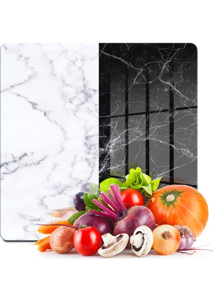 Cam Kesme Tahtası ve Sunumluk Kare Double Siyah Beyaz Mermer Desenli 30X30 cm