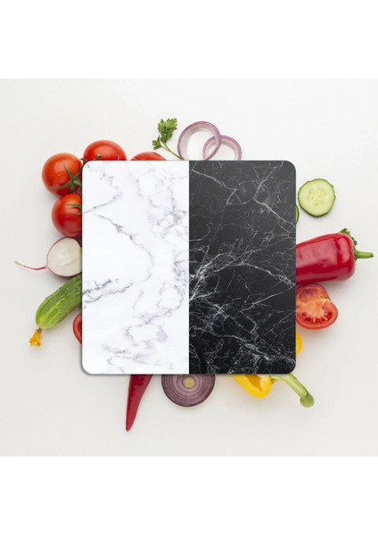 Cam Kesme Tahtası ve Sunumluk Kare Double Siyah Beyaz Mermer Desenli 30X30 cm modelleri