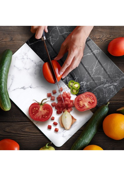 Cam Kesme Tahtası ve Sunumluk Kare Double Siyah Beyaz Mermer Desenli 30X30 cm fırsatları