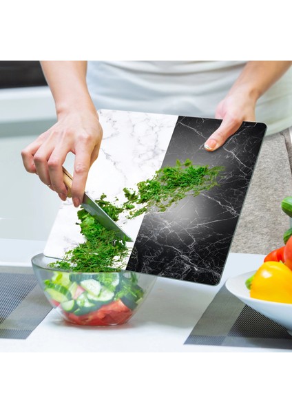 Cam Kesme Tahtası ve Sunumluk Kare Double Siyah Beyaz Mermer Desenli 30X30 cm indirimleri