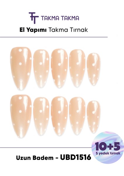 15'li Ten Rengi Uzun Badem UBD1516 Tekrar Kullanılabilir El Yapımı Protez Takma Tırnak - Ten Rengi-S