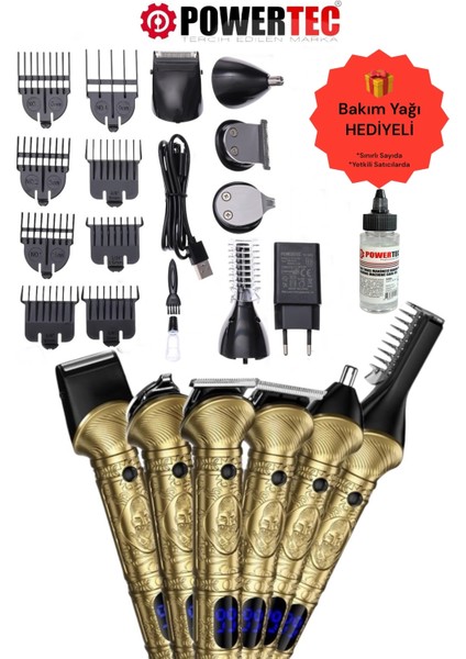 TR-1000 Profesyonel Tıraş Makinesi (6in1) 6 Farklı Başlıklı 8 Adet Taraklı Erkek Bakım Kiti Saç Sakal Vücut Kulak Burun Kıl Tüy Alma Makinesi