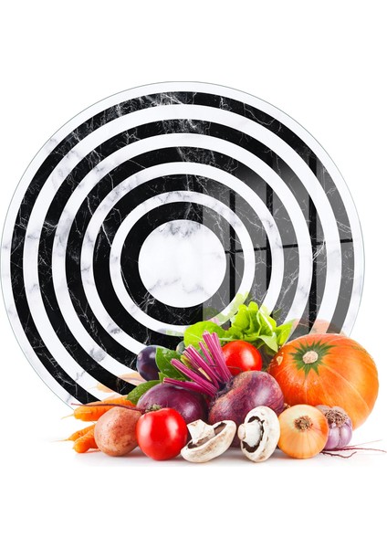 Cam Kesme Tahtası ve Sunumluk Yuvarlak Siyah Beyaz Karışık Mermer Desenli 30X30 cm