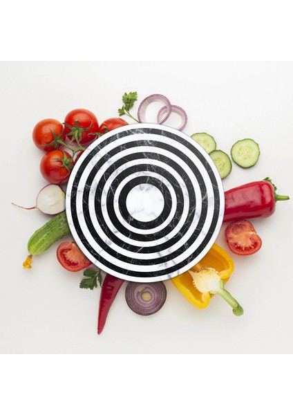 Cam Kesme Tahtası ve Sunumluk Yuvarlak Siyah Beyaz Karışık Mermer Desenli 30X30 cm modelleri