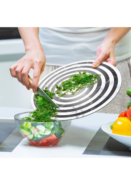 Cam Kesme Tahtası ve Sunumluk Yuvarlak Siyah Beyaz Karışık Mermer Desenli 30X30 cm indirimleri