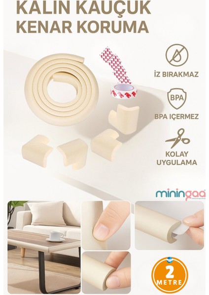 a 2 Metre + 4 Adet Köşe Koruyuculu Esnek ve Yumuşak Kauçuk Krem Renk Kenar Koruyucu