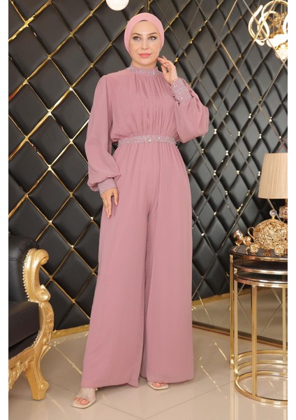 Taş Detaylı Şifon Tulum Abiye Gül Kurusu MSW19153-3