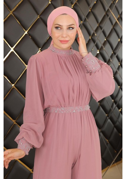 Taş Detaylı Şifon Tulum Abiye Gül Kurusu MSW19153-3 fiyatları