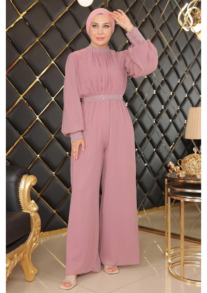 Taş Detaylı Şifon Tulum Abiye Gül Kurusu MSW19153-3 fırsatları