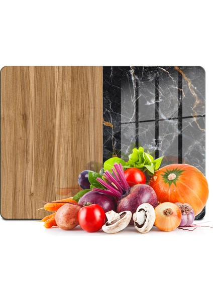 Cam Kesme Tahtası ve Sunumluk Ahşap Mermer Desenli 20X30 cm