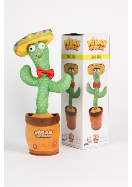 Türkçe ve Yabancı Müzikli, Dans Eden Konuşan Sarjlı Peluş Kaktüs Sarı Şapkalı