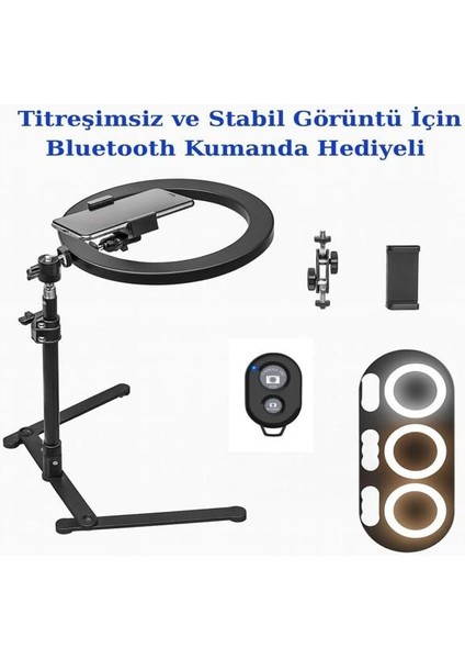 Masa Üstü 10 Inç Led Ring Light Tripodlu Telefon Tutucu 3 Işık Modu USB Bluetooth Kumanda fırsatları