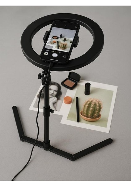 Masa Üstü 10 Inç Led Ring Light Tripodlu Telefon Tutucu 3 Işık Modu USB Bluetooth Kumanda indirimleri