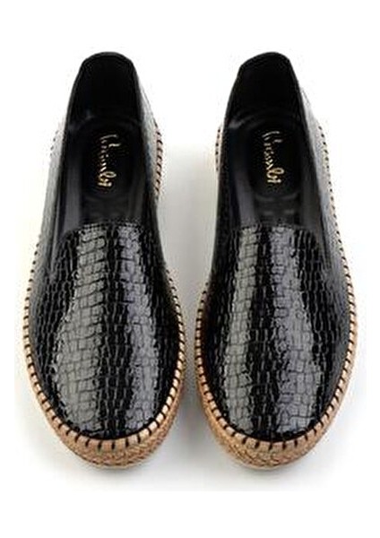 Kadın Espadril Siyah Kroko Desenli Düz Topuk Suni Deri Rahat Ayakkabı indirimleri