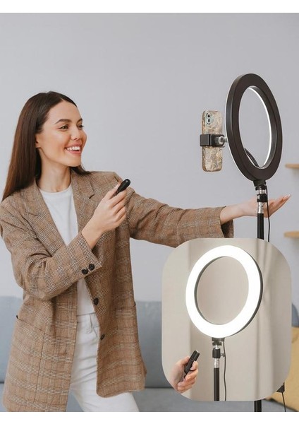 10 Inç LED Ring Light 26 cm Youtuber Makyaj Selfie Video Işığı 2.1m Tripodlu Telefon Tutucu