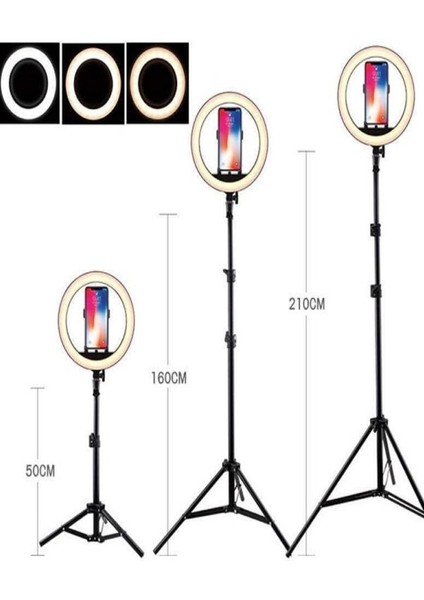 10 Inç LED Ring Light 26 cm Youtuber Makyaj Selfie Video Işığı 2.1m Tripodlu Telefon Tutucu