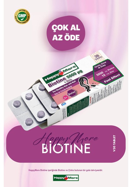HappyMore Biotin ve Çinko içeren 30 Tablet Takviye Edici Gıda