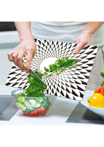 Cam Kesme Tahtası ve Sunumluk Amore Siyah Beyaz Ayna Görünümü Desenli 30X40 cm indirimleri