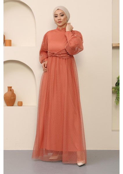 Inci Detaylı Tül Abiye Somon MSW12238-2 modelleri