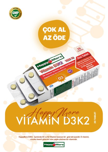HappyMore Vitamin D3 ve Vitamin K2 İçeren 30 Tablet Takviye Edici Gıda
