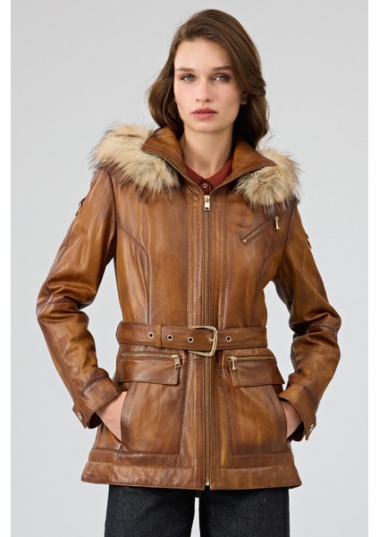 Donatella Kadın Camel Kemerli Kapüşonlu Deri Kaban 25WGE5326NC