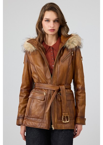 Donatella Kadın Camel Kemerli Kapüşonlu Deri Kaban 25WGE5326NC fiyatları