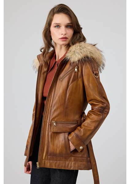 Donatella Kadın Camel Kemerli Kapüşonlu Deri Kaban 25WGE5326NC modelleri