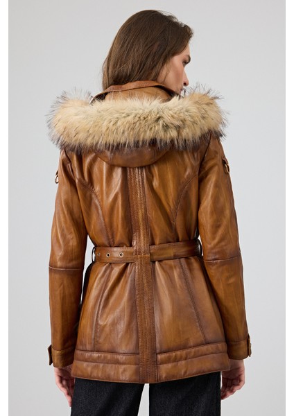 Donatella Kadın Camel Kemerli Kapüşonlu Deri Kaban 25WGE5326NC indirimleri