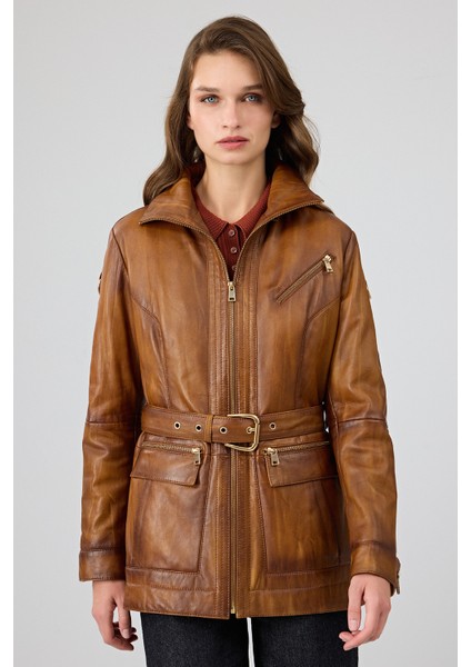 Donatella Kadın Camel Kemerli Kapüşonlu Deri Kaban 25WGE5326NC