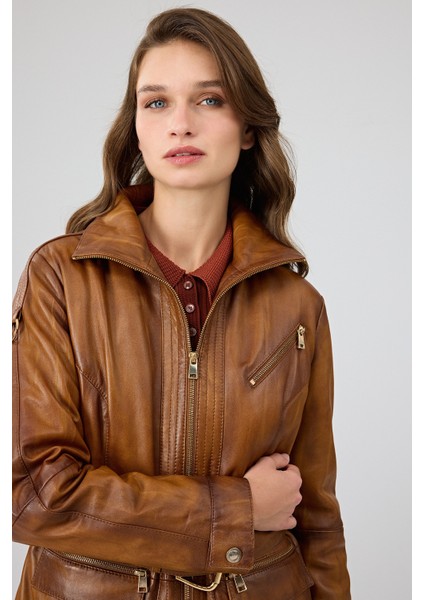 Donatella Kadın Camel Kemerli Kapüşonlu Deri Kaban 25WGE5326NC