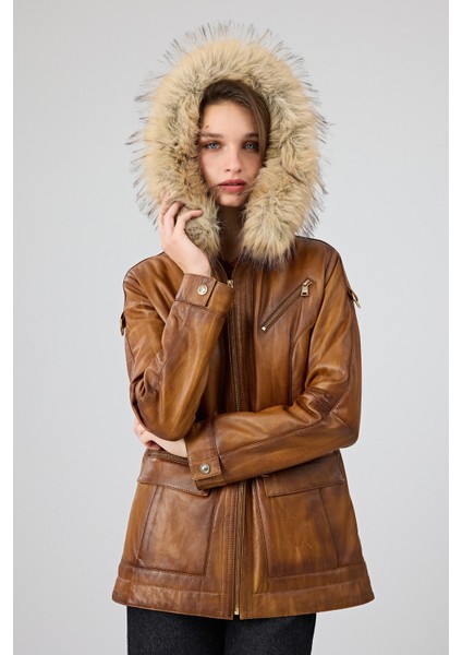 Donatella Kadın Camel Kemerli Kapüşonlu Deri Kaban 25WGE5326NC