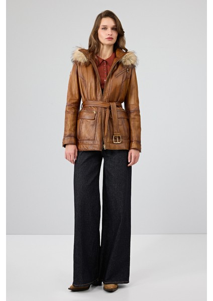 Donatella Kadın Camel Kemerli Kapüşonlu Deri Kaban 25WGE5326NC