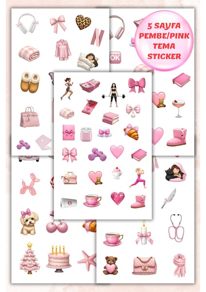 5'li Pembe Temalı Planner Sticker Set-Çıkartma,ajanda,günlük