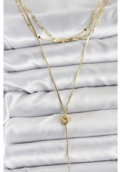 Pirinç Gold Renk Düğüm Model Detaylı 3'lü Kombin Y Kadın Kolye - Lisinya