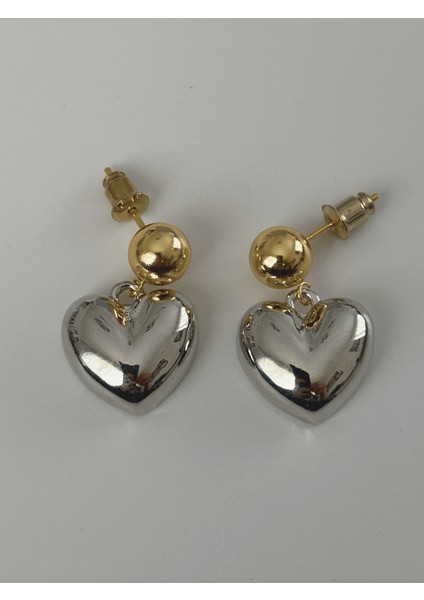 Gümüş Kalpli Altın Toplu Sallantılı Çift Renkli Küpe