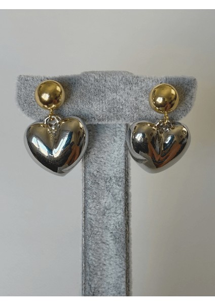 Gümüş Kalpli Altın Toplu Sallantılı Çift Renkli Küpe fiyatları