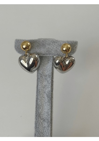 Gümüş Kalpli Altın Toplu Sallantılı Çift Renkli Küpe modelleri