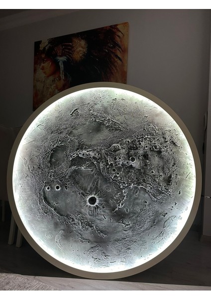 El Yapımı Ay Tablo - 40 cm LED Aydınlatmalı Rgb Bluetooth Telefon Kontrollü Dekoratif Ahşap Tablo