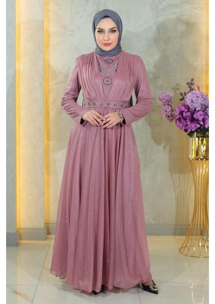 Taş Detaylı Göğsü Drapeli Simli Abiye Gül Kurusu MSW19188-2