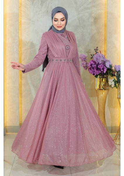 Taş Detaylı Göğsü Drapeli Simli Abiye Gül Kurusu MSW19188-2 modelleri