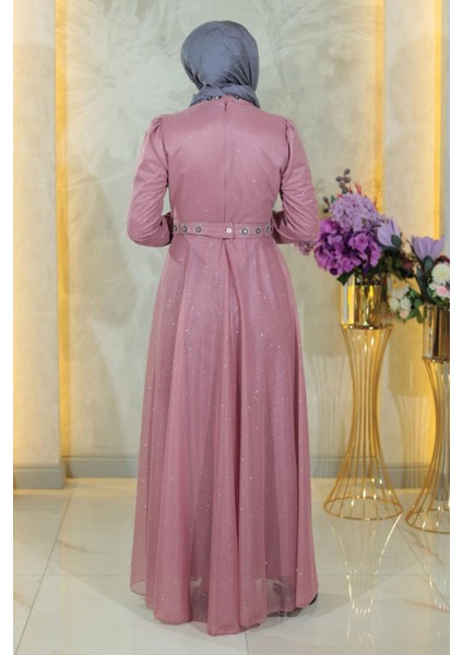 Taş Detaylı Göğsü Drapeli Simli Abiye Gül Kurusu MSW19188-2 fırsatları