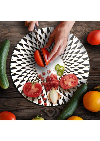 Cam Kesme Tahtası ve Sunumluk Yuvarlak Siyah Beyaz Mermer Çizgi Desenli 30X30 cm modelleri