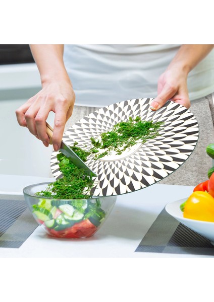 Cam Kesme Tahtası ve Sunumluk Yuvarlak Siyah Beyaz Mermer Çizgi Desenli 30X30 cm fırsatları