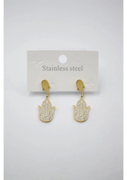 Taşlı Fatıma Eli Küpe - Altın