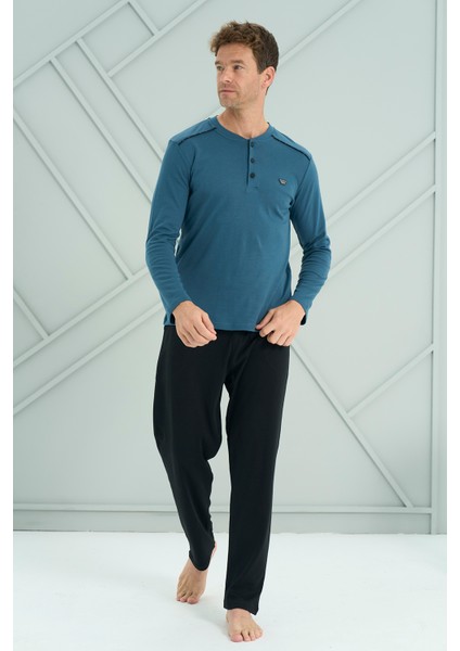 Erkek Interlok Penye Uzun Kol Pijama Takımı 2201 PETROL02 modelleri