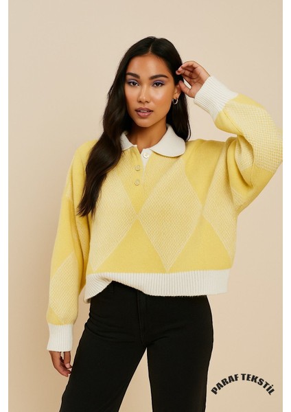 Kadın Baklava Desen Limon Sarısı Oversize Triko Kazak