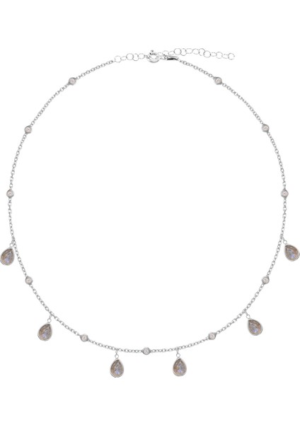 Zirkon Taşlı Pırlanta Montür Gümüş Rengi Altın Kaplama Damla Taş Sallantılı Gümüş Kolye