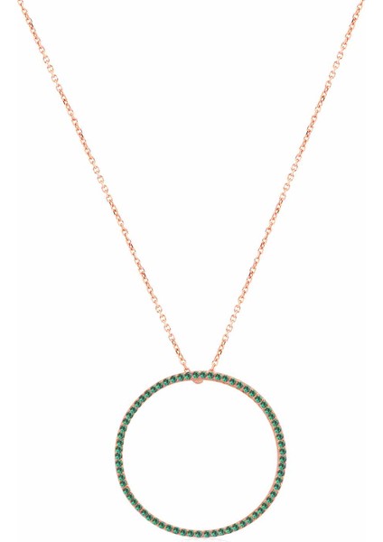 Yeşil Taşlı Pırlanta Montür Rose Altın Kaplama 32 mm Halka Gümüş Kolye