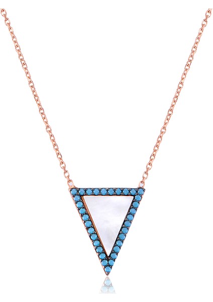 Zirkon Taşlı Pırlanta Montür Rose Altın Kaplama Ortası Turkuaz Sedef Taşlı Gümüş Kolye